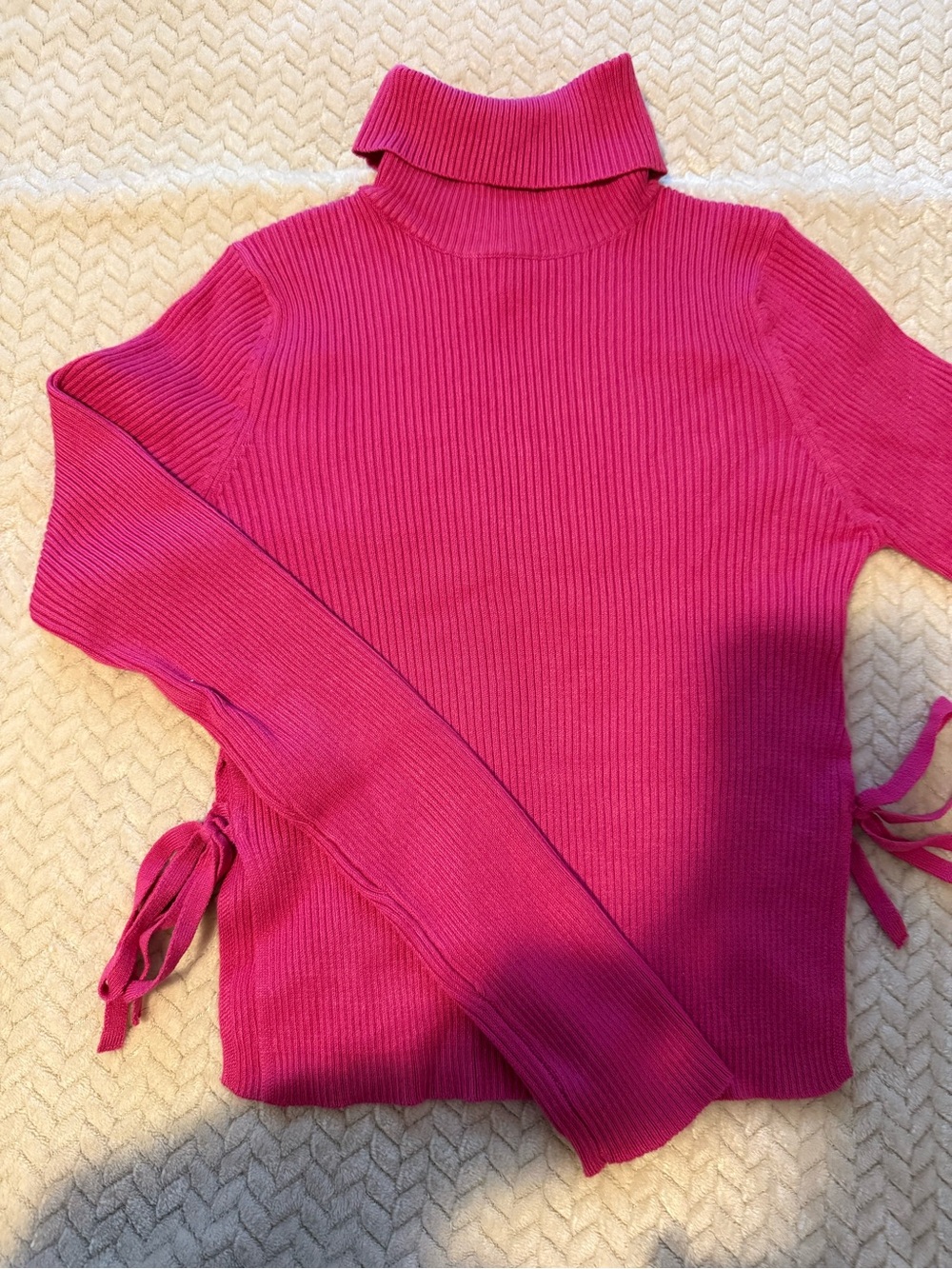 Say What? Bright Fuchsia Ribbed Turtleneck Sweater with Side Ties